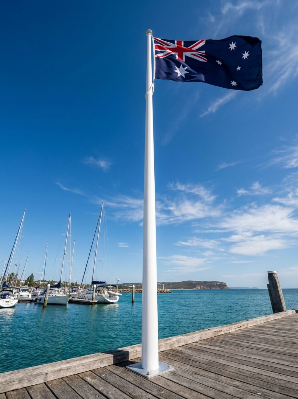 A white flagpole flying the Australian flag on a coastal marina jetty