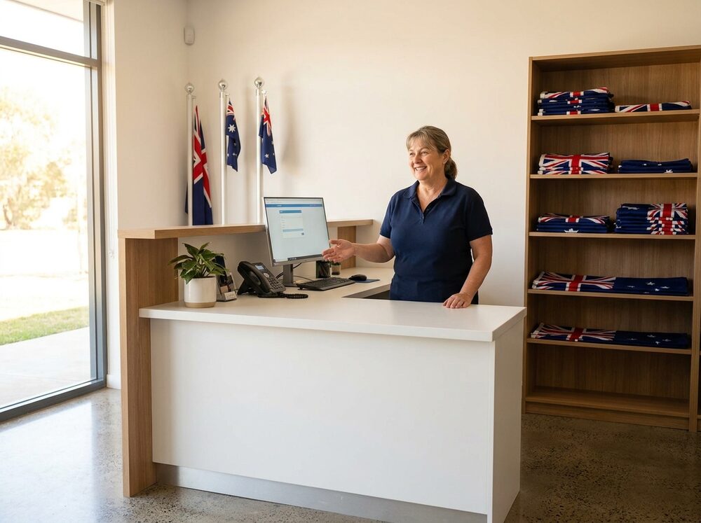The reception counter at the Federation Flags and Flagpoles front office
