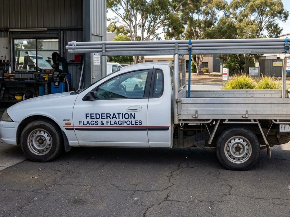 Flagpoles strapped to the rack of the work ute, ready to go out